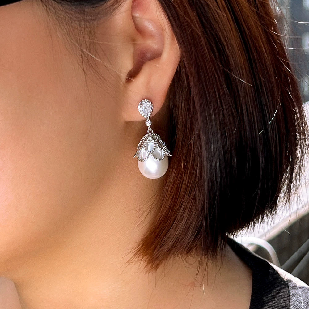 Boucles d'oreilles pendantes en forme de goutte, en dentelle, avec perles et oxyde de zirconium AAA+, hypoallergéniques