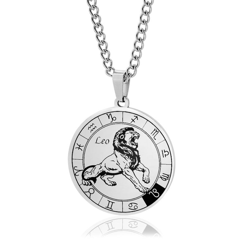 12 Zodiac Sign Stainless Steel Pendant Necklace Engraved Horoscope Coin 60cm Curb Chain Unisex Gift