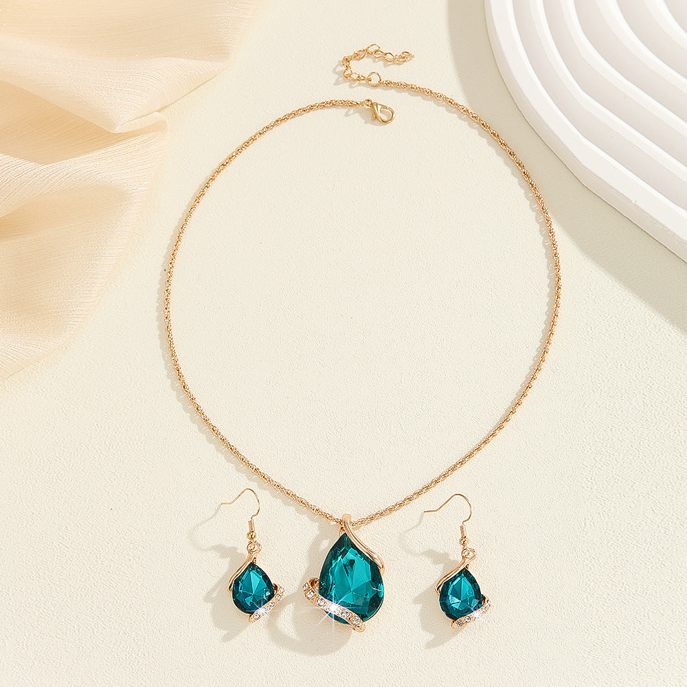 Teardrop Blue Crystal Pendant Necklace & Hook Earring Jewelry Set, Hypoallergenic Zinc Alloy