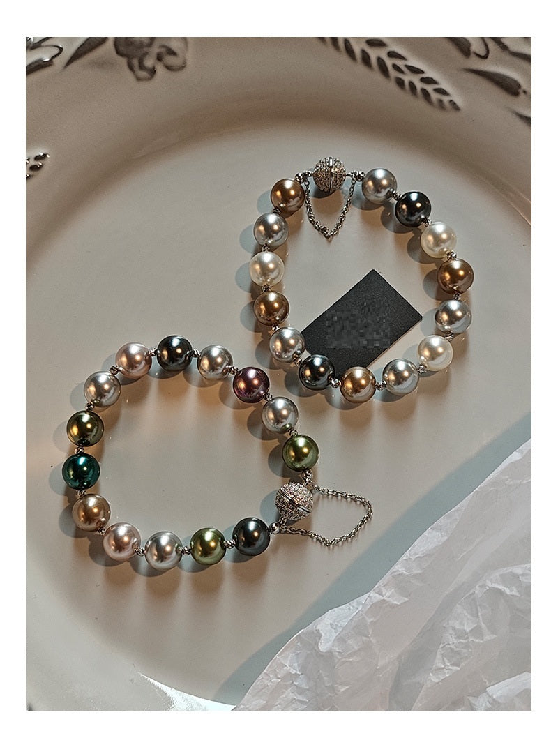 Multi-Color Tahitian Aurora Imitation Pearl Beaded Bracelet, Anti-Lost Magnetic Clasp Mixed Tone Glossy Pearl Stack Wrist Bracelet for Women Wedding Party Elegant Daily Jewelry