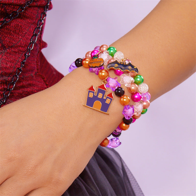Halloween Cute Ghost Pumpkin Charm Beaded Bracelet Set, 3Pcs Stackable Enamel Charm Stretch Bracelets Witch Bat Mummy Jewelry For Women Kids Party