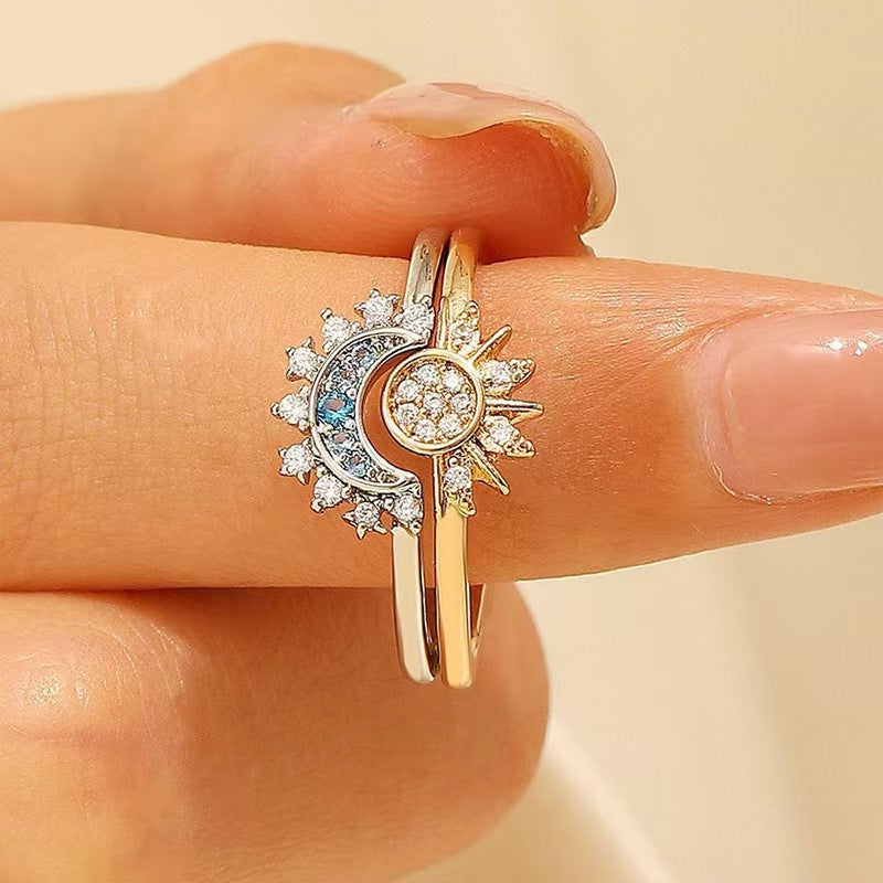 2Pcs Sun Moon Stackable Open Ring Set, Silver & Gold Plated Cubic Zirconia Adjustable Couple Rings