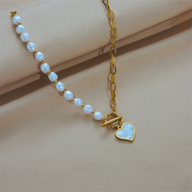 Asymmetric Pearl Heart Shell Pendant Necklace, Hypoallergenic Titanium Steel OT Toggle Choker