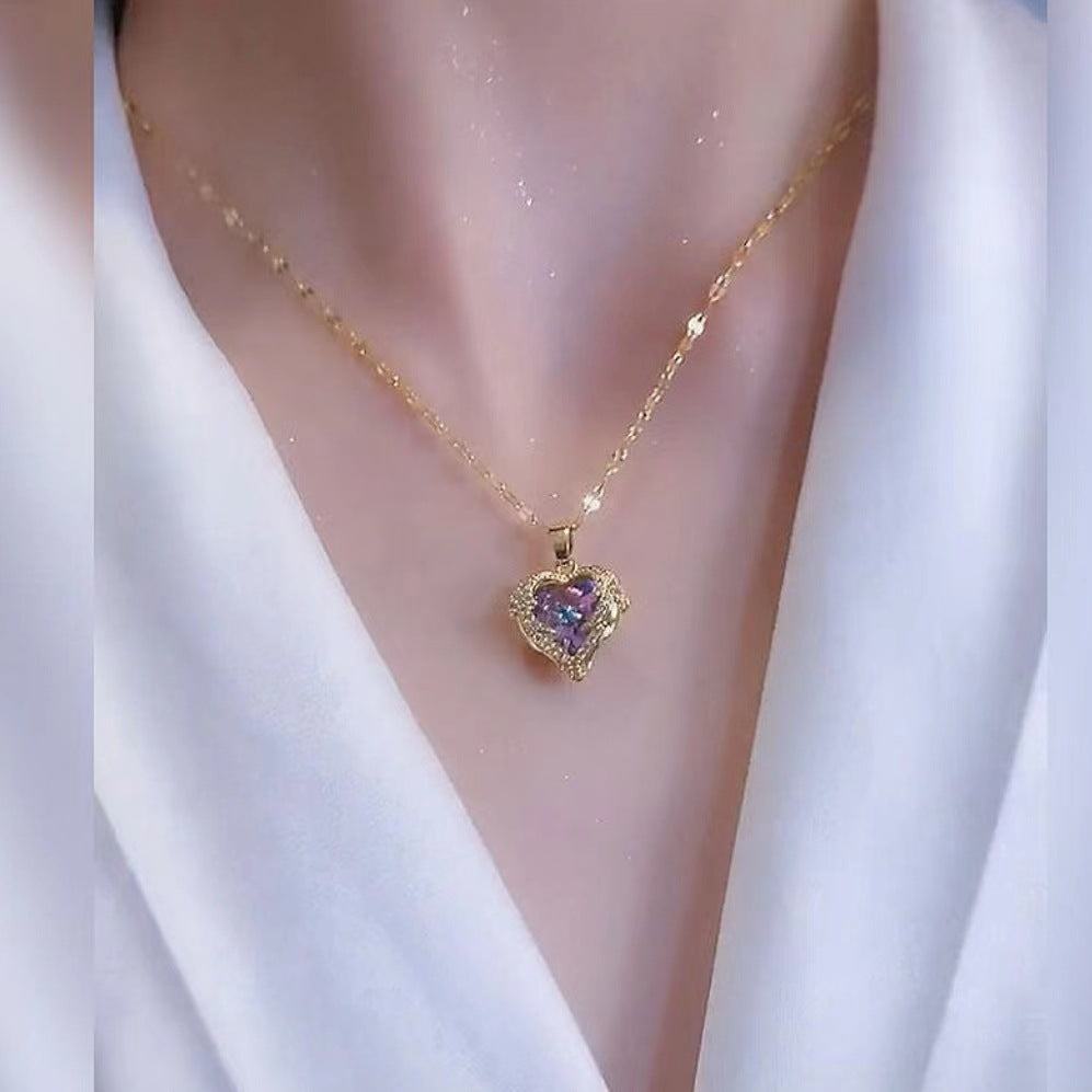 Stainless Steel Angel Wing Heart Crystal Pendant Necklace, 40+5cm Extendable Chain Two Tone