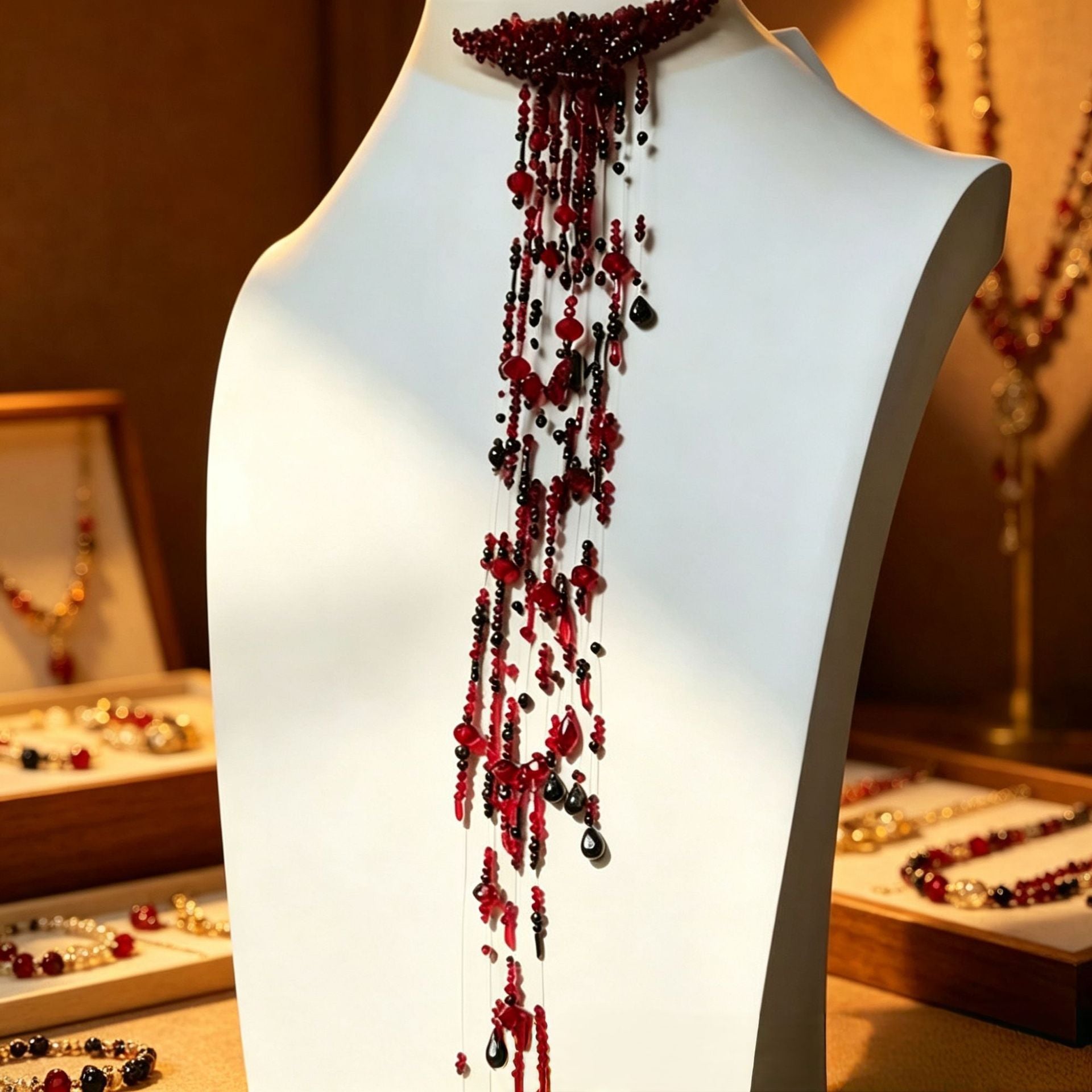 Gothic Blood Red Waterfall Tassel Choker, Vampire Beaded Drop Necklace, Dark Halloween Costume Accessory, Black Red Teardrop Crystal Fringe Choker for Cosplay Party