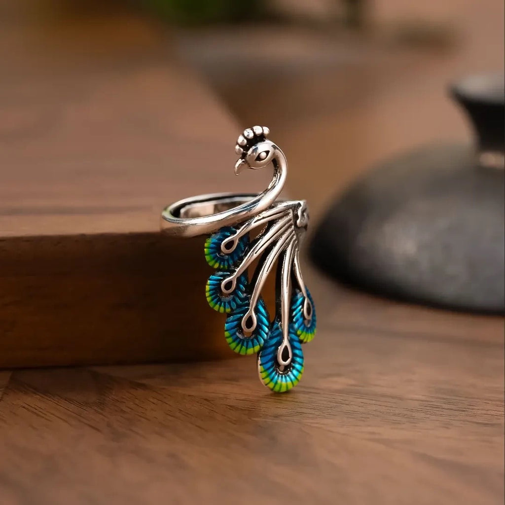 Vintage Enamel Peacock Open Adjustable Ring, Antique Silver Plated Statement Phoenix Finger Ring for Women
