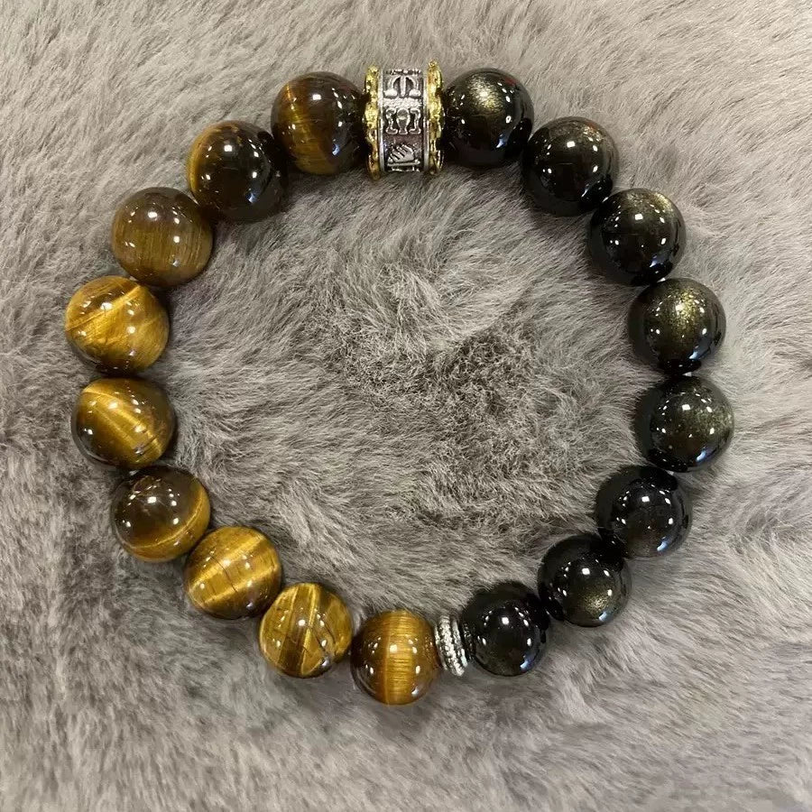 Wealth Luck Tiger Eye & Golden Obsidian Bracelet for Men Women, Black Obsidian Protection Beaded Bracelet with Tibetan Mantra Charm, Good Fortune Crystal Amulet Jewelry Gift for Business & Daily Wear