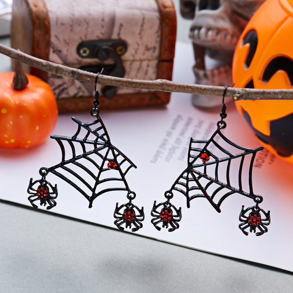 Black Spider Web Red Rhinestone Jewelry Set, Gothic Spider Choker Necklace & Dangle Earrings Halloween Punk Statement Jewelry Set For Women
