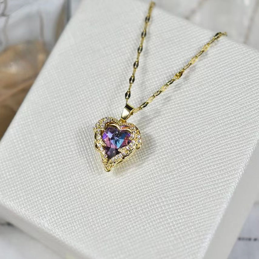 Stainless Steel Angel Wing Heart Crystal Pendant Necklace, 40+5cm Extendable Chain Two Tone