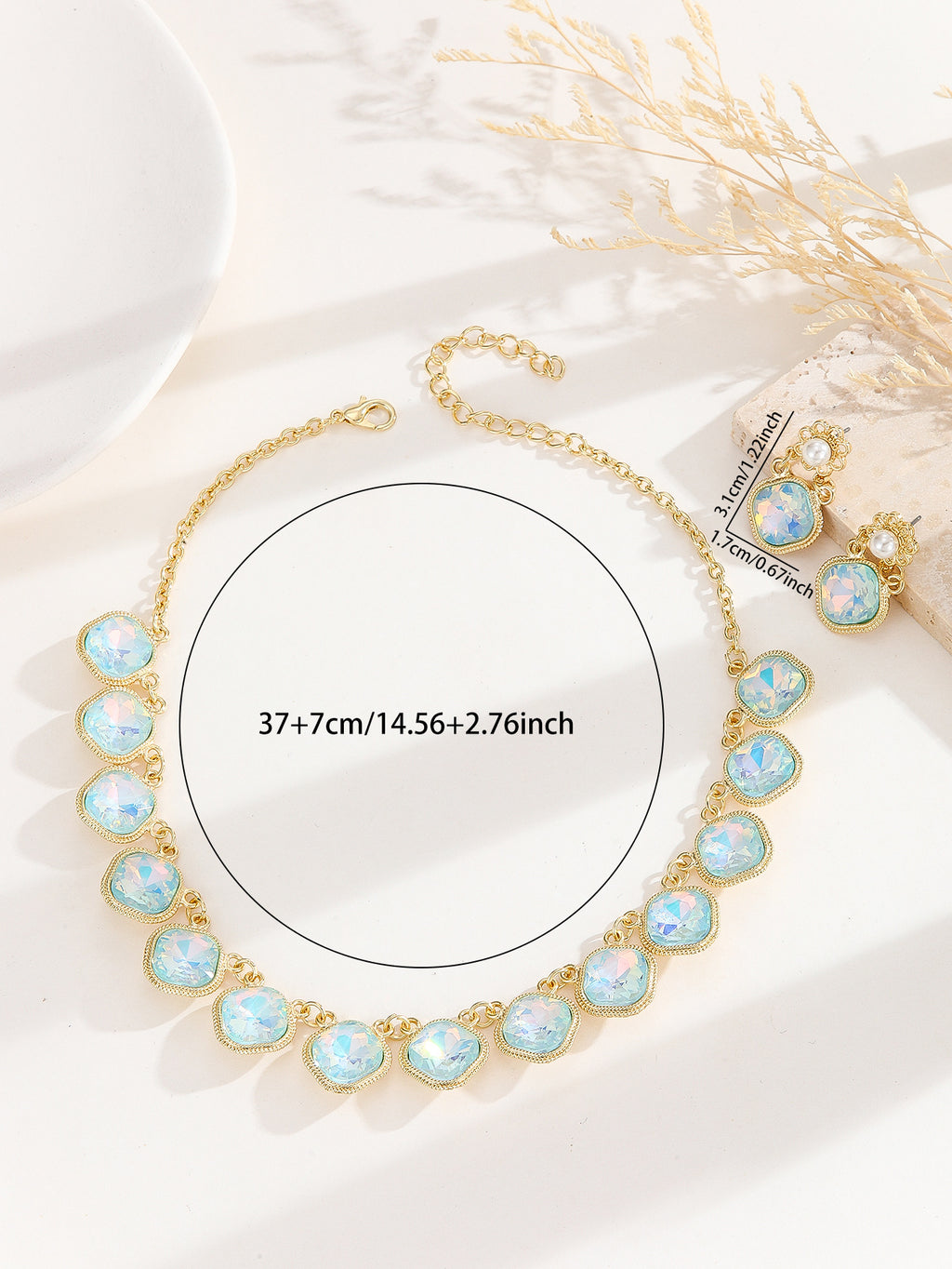 Parure de bijoux en cristal irisé AB plaqué or, boucles d'oreilles pendantes en perles anti-allergie et collier ras-de-cou ajustable pour banquet de mariage