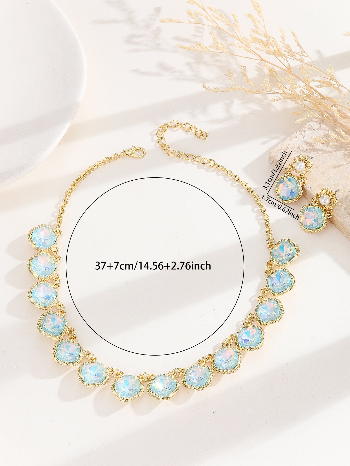 Gold Plated AB Iridescent Crystal Jewelry Set, Anti-allergy Pearl Drop Earrings & Adjustable Choker Necklace for Wedding Banquet