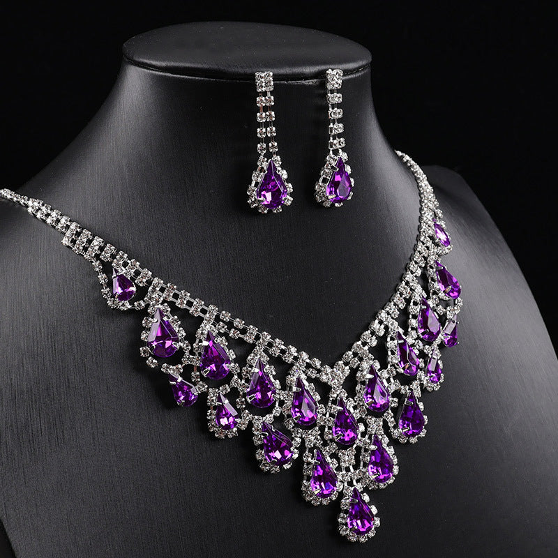 Teardrop Crystal Fringe Necklace Earring Jewelry Set, Formal Pageant Statement Jewelry