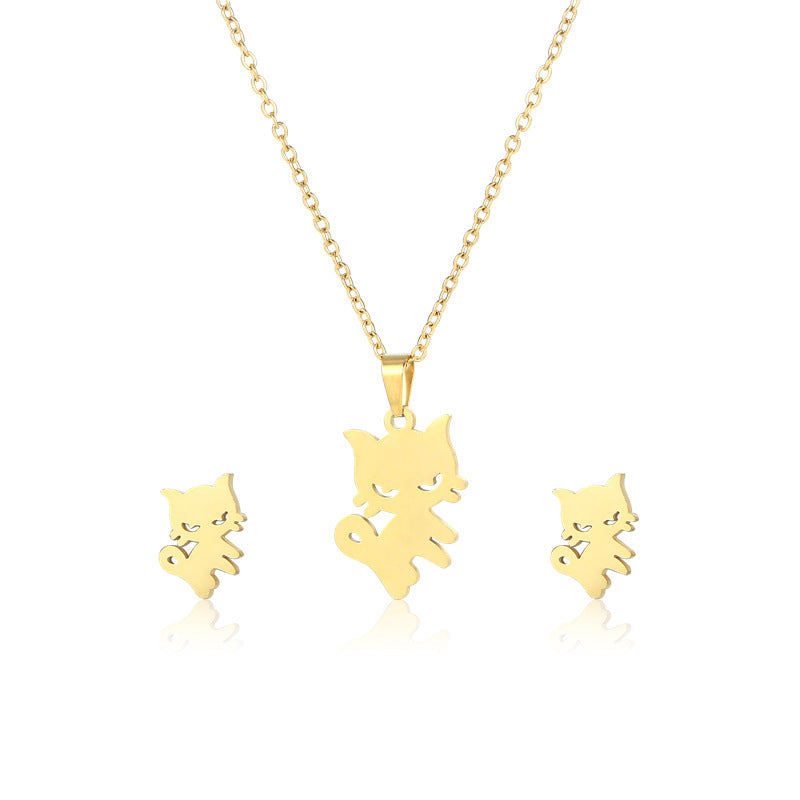 Cute Cartoon Cat Pendant Necklace Stud Earring Set Stainless Steel Gold Silver Pet Lover Jewelry Gift