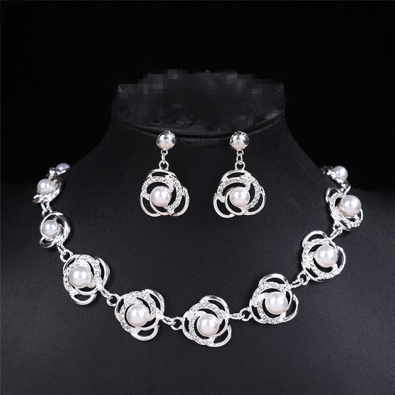 2 Colors Rose Swirl Pearl Jewelry Set, Gold Silver Plated Hypoallergenic Rhinestone Pearl Necklace Dangle Earrings Women Wedding Formal Jewelry