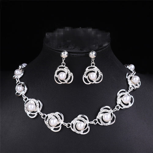 2 Colors Rose Swirl Pearl Jewelry Set, Gold Silver Plated Hypoallergenic Rhinestone Pearl Necklace Dangle Earrings Women Wedding Formal Jewelry