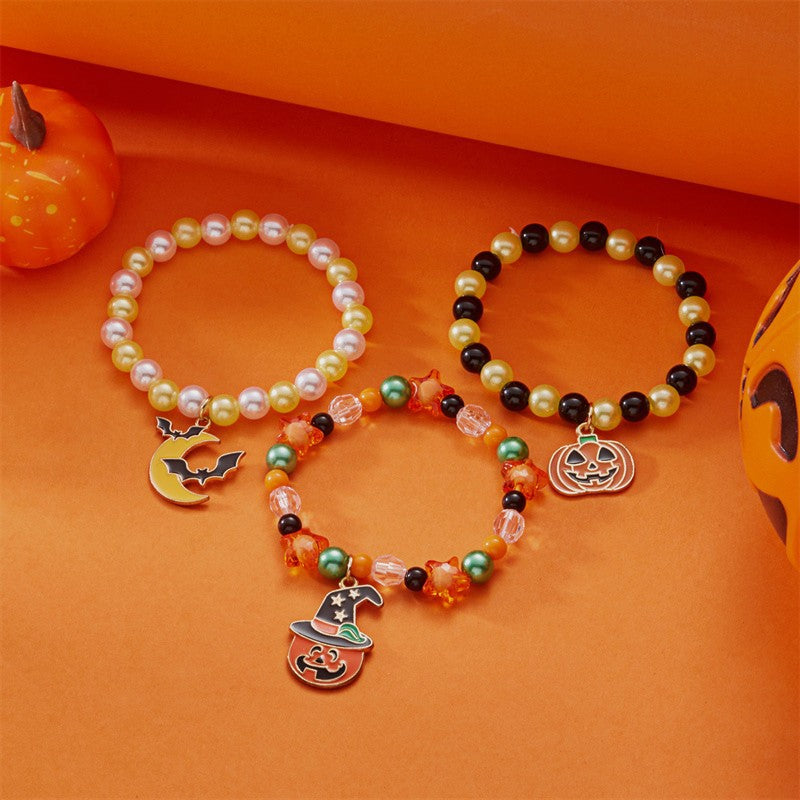 Halloween Cute Ghost Pumpkin Charm Beaded Bracelet Set, 3Pcs Stackable Enamel Charm Stretch Bracelets Witch Bat Mummy Jewelry For Women Kids Party