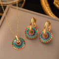 Vintage Enamel Disc Jewelry Set, Hypoallergenic Titanium Steel Hoop Earring & Necklace Set