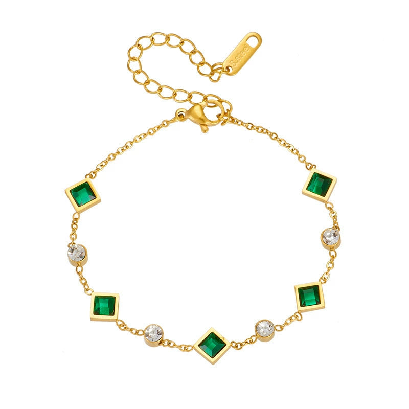 18K Gold Plated Stainless Steel Square Simulated Emerald Crystal 2Pcs Jewelry Set, Tarnish Resistant Dainty Clavicle Necklace & Adjustable Bracelet Set For Women
