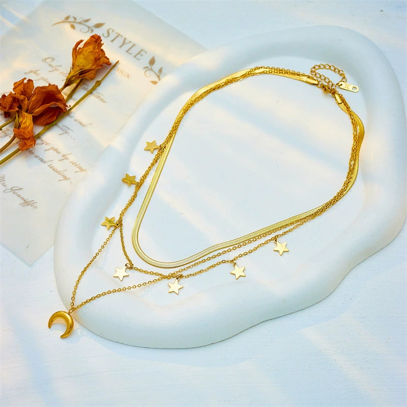 18K Gold Plated Stainless Steel Multi Layer Star Moon Necklace, Tarnish Resistant Dainty Stackable Crescent Star Pendant Necklace For Women