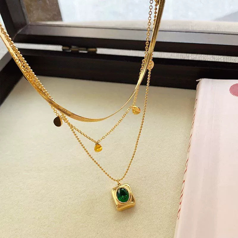Double Layer Green Zircon Square Pendant Necklace, Hypoallergenic Snake Chain Layering Choker