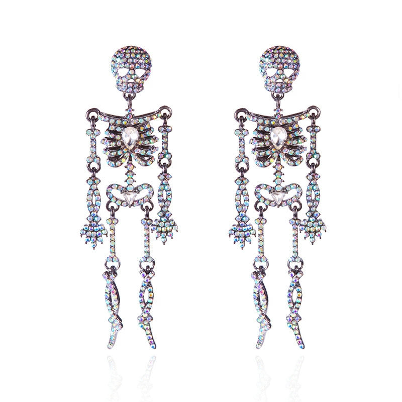 Rhinestone Skeleton Dangle Earrings, Vintage Articulated Skull Drop Earrings Gothic Halloween Party Statement Earrings For Women