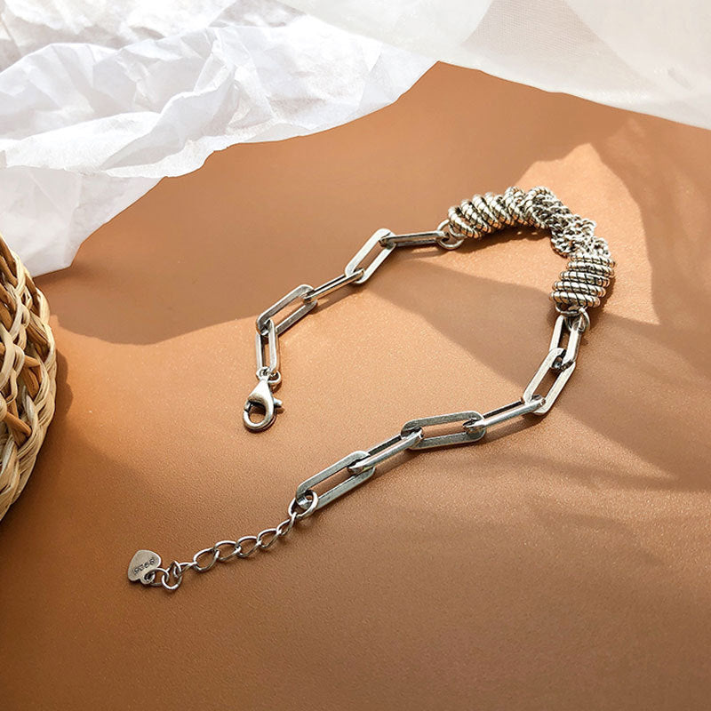2 Styles S925 Sterling Silver Vintage Bracelet Set, Polished Heart Twisted Link Chain & Textured Coil Tassel Rectangular Paperclip Wrist Chain Adjustable Extension Jewelry for Women