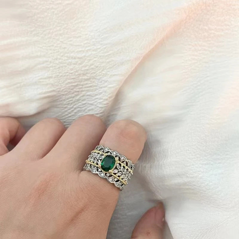 Baroque Royal Hollow Lace Texture Emerald Green Gem Open Ring Bi-Color Antique Plating Multi-Layer Marquise Zircon Inlaid Adjustable Wide Band Ladies Evening Jewelry