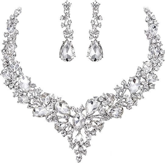 Crystal Statement Necklace & Earrings Set, 50+5cm Adjustable Chain