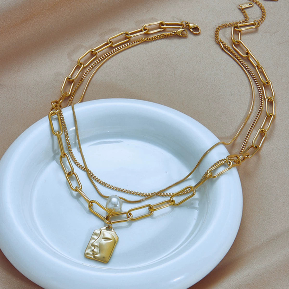 18K Gold Plated Stainless Steel Multi Layer Abstract Face Tag Necklace, Tarnish Resistant Baroque Pearl Stackable Pendant Necklace For Women