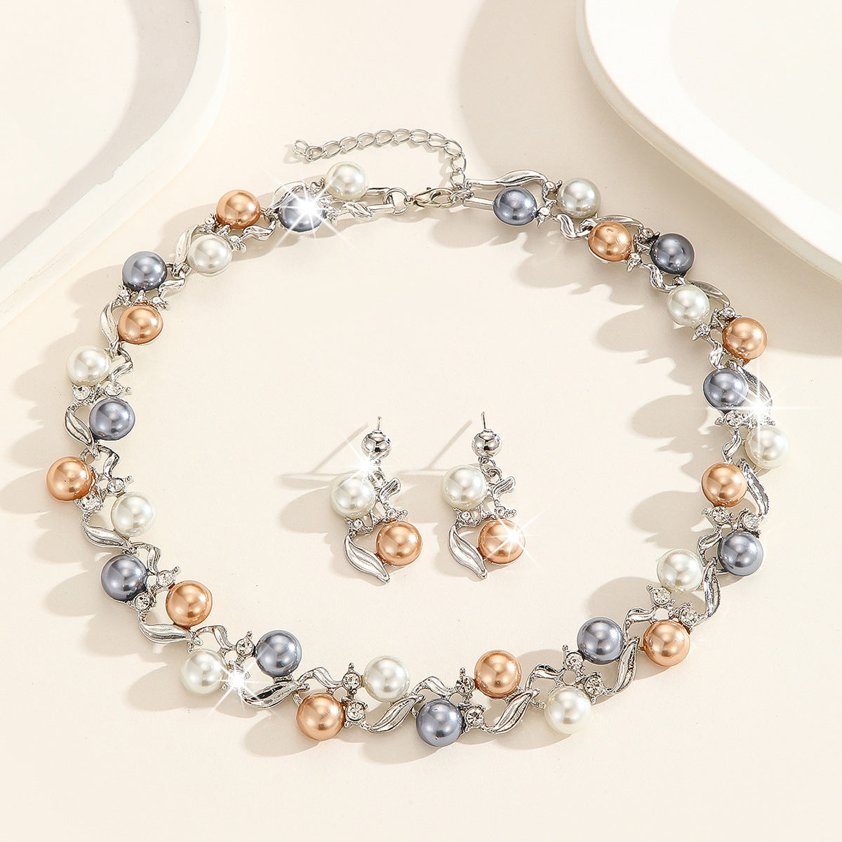 Multicolor Faux Pearl Crystal Jewelry Set, Leaf Shape Silver/Gold Plated Choker Necklace & Drop Earrings Hypoallergenic Formal Jewelry