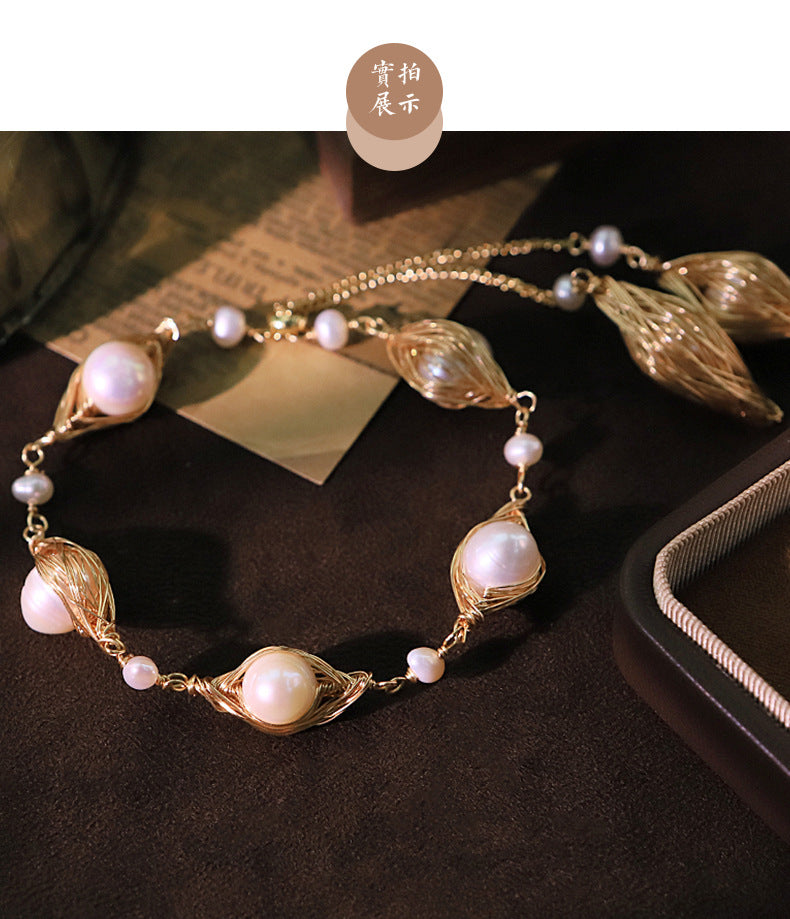 Hand Woven Gold Wire Oval Natural Freshwater Pearl Pull Adjustable Bracelet, Double Layer Tassel Pearl Slide Bracelet Elegant Dainty Wrist Jewelry for Women Wedding Daily Wear