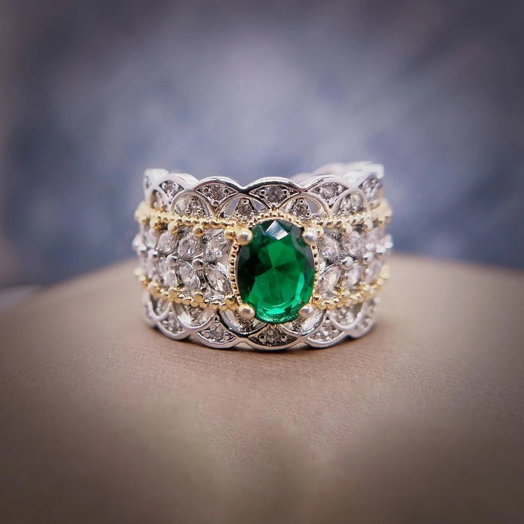 Baroque Royal Hollow Lace Texture Emerald Green Gem Open Ring Bi-Color Antique Plating Multi-Layer Marquise Zircon Inlaid Adjustable Wide Band Ladies Evening Jewelry