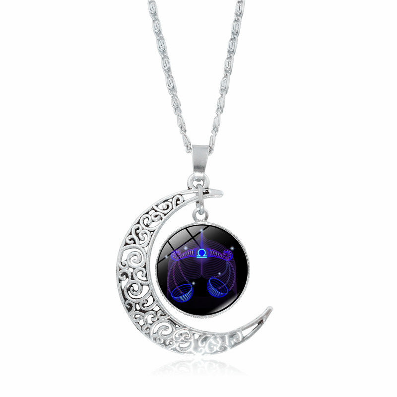 Stainless Steel 12 Constellation Crescent Moon Glass Pendant Necklace noctilucent, Zodiac Sign Time Gem Necklace for man women