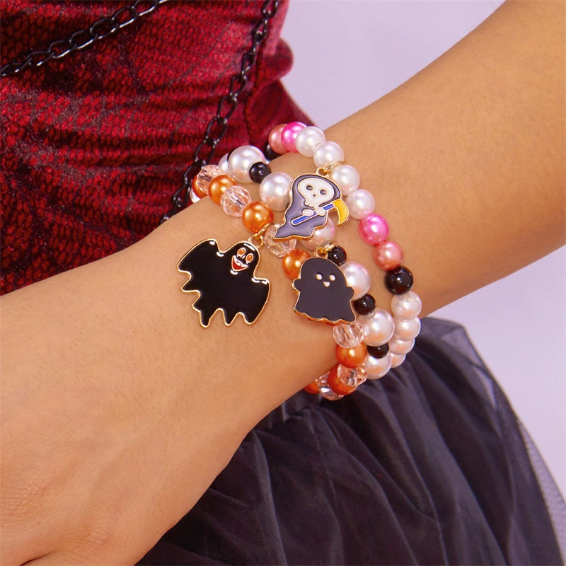 Halloween Cute Ghost Pumpkin Charm Beaded Bracelet Set, 3Pcs Stackable Enamel Charm Stretch Bracelets Witch Bat Mummy Jewelry For Women Kids Party