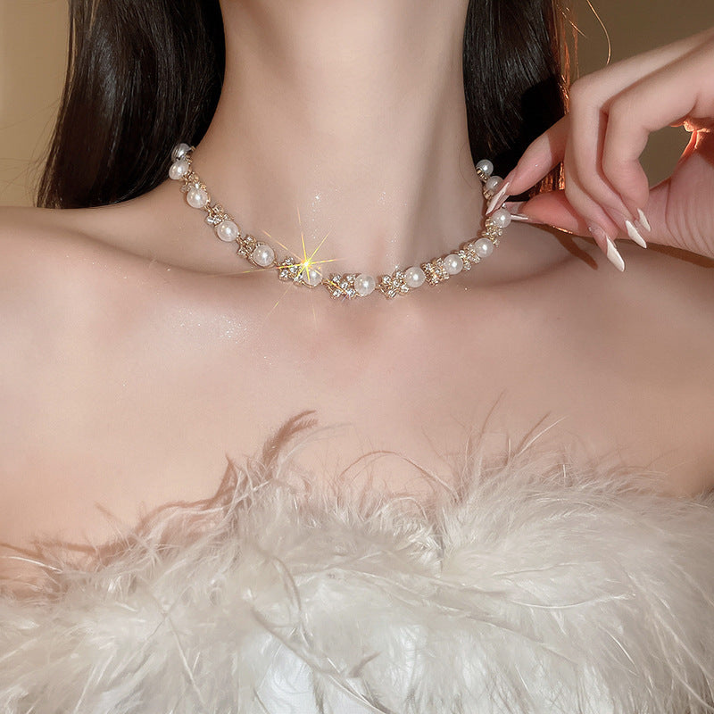 Gold Plated Alloy Pearl Rhinestone Jewelry Set, French Floral Crystal Round Pearl Necklace Bracelet Drop Earrings Matching Set For Women Wedding Party