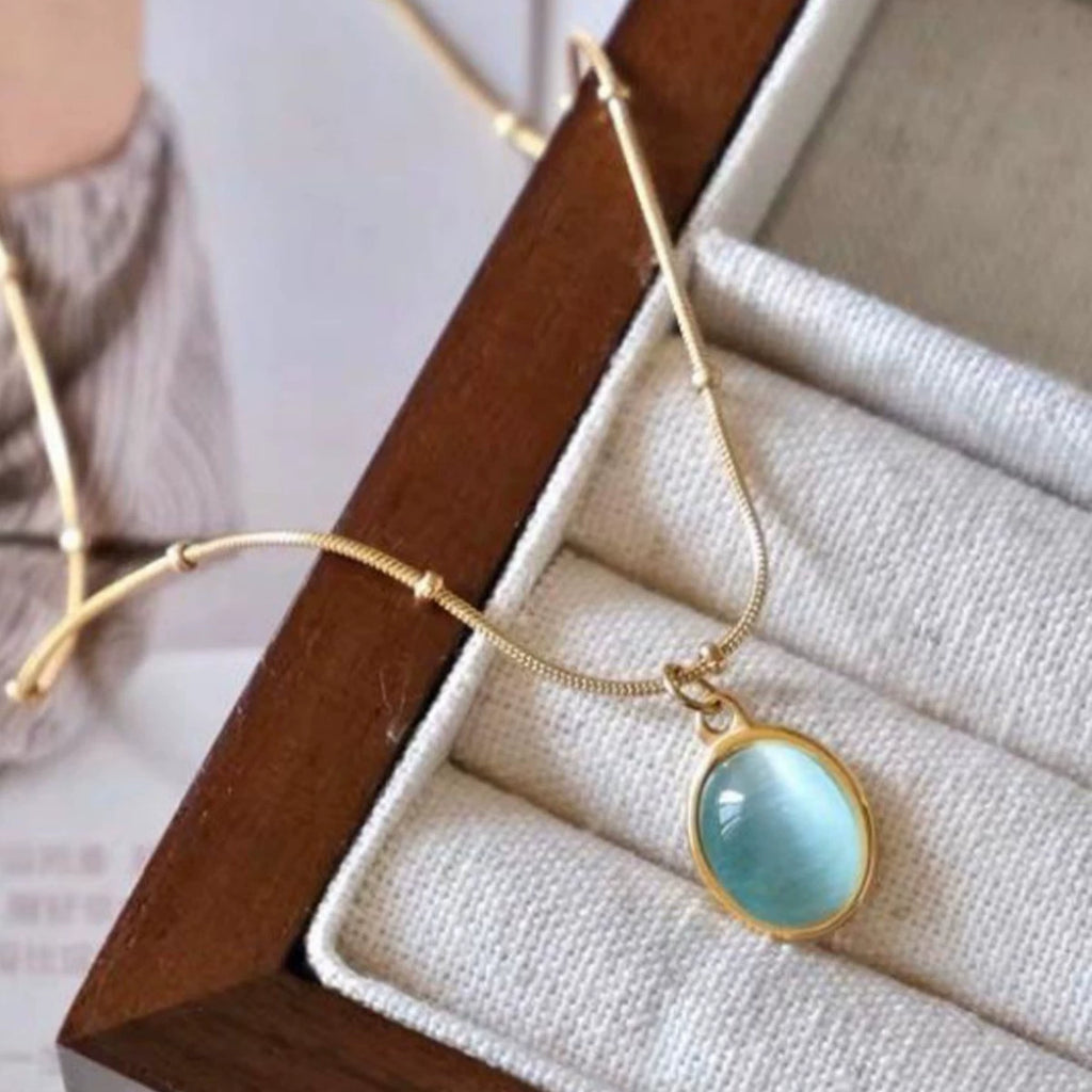 Oval Blue Cat's Eye Pendant Necklace, Gold Plated Stainless Steel Hypoallergenic Dainty Choker