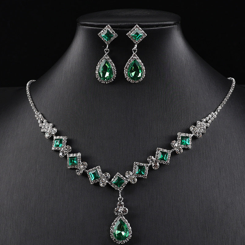Teardrop Crystal Rhinestone Jewelry Set, Square Cut Gem Necklace & Drop Earrings Wedding Formal Jewelry