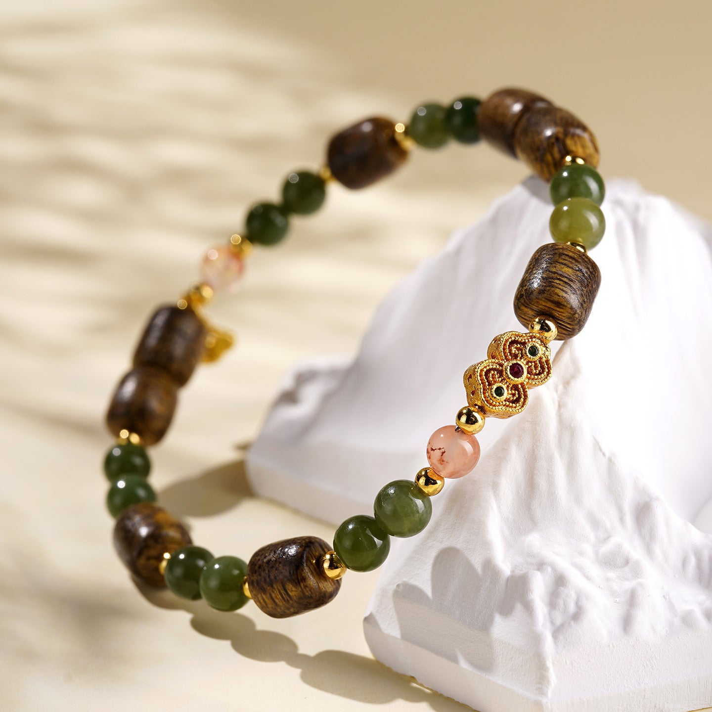 Natural Agarwood Barrel Bead Bracelet with Green Nephrite Jade, South Red Agate & Gold Ruyi Lock Charm, Elastic Chinese Vintage Bracelet for Men Women, Good Luck Meditation Bracelet
