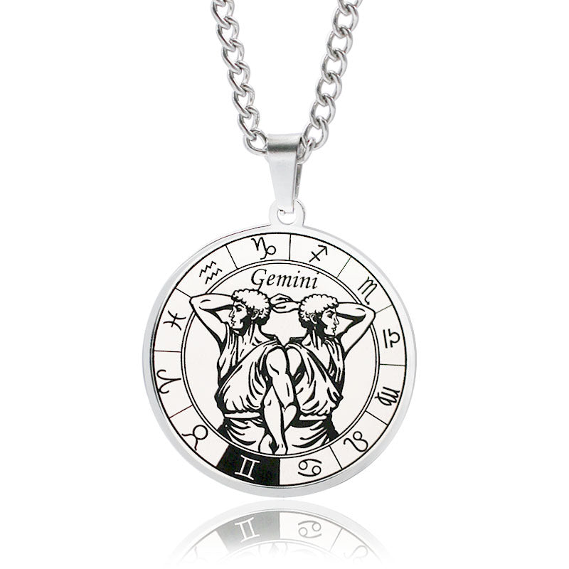 12 Zodiac Sign Stainless Steel Pendant Necklace Engraved Horoscope Coin 60cm Curb Chain Unisex Gift