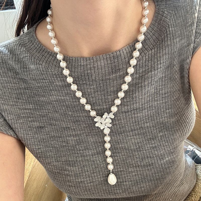 Long White Grey Imitation Pearl Sweater Necklace Silver Flower Clasp Teardrop Pendant Women Layering Jewelry