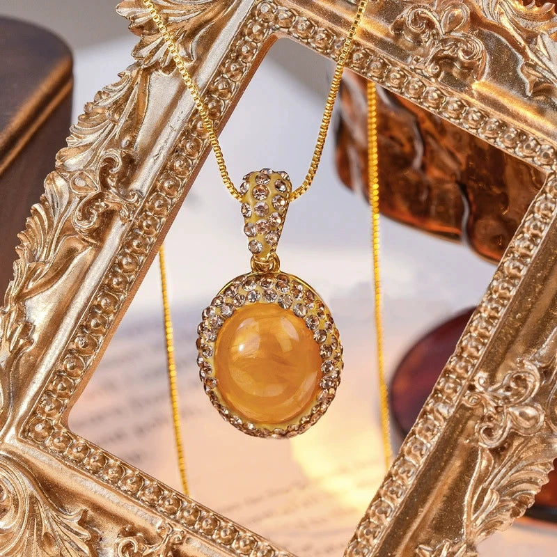 Vintage Oval Cabochon Yellow Amber Pendant Necklace Full Pave Champagne Zircon Halo Thin Gold Snake Chain Luxury Minimalist Layering Clavicle Necklace For Women