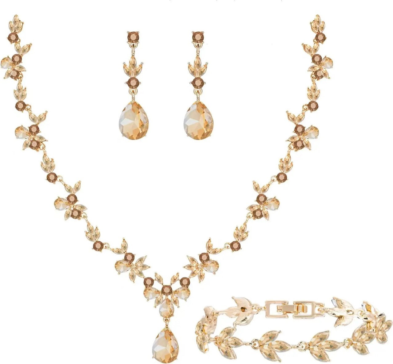 Crystal Floral Jewelry Set: Necklace, Earrings & Bracelet