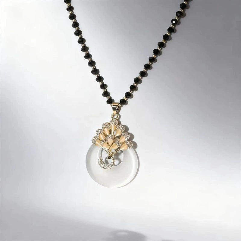 80cm Long Vintage White Jade Peace Donut Peacock Pendant Sweater Necklace Black Faceted Crystal Bead Chain Gold Plated Chinese Ethnic Layering Jewelry For Women