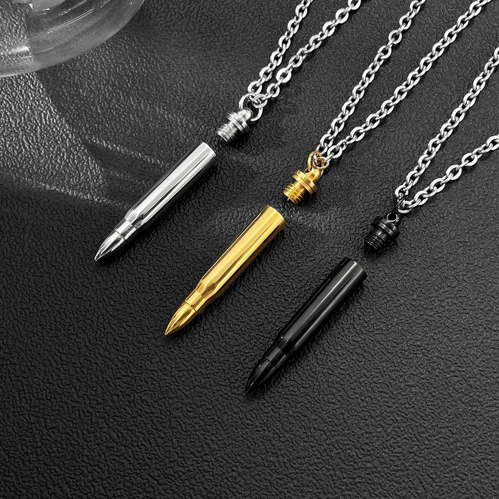 Men Bullet Urn Pendant Stainless Steel Necklace 50cm Rolo Chain 3 Colors Silver Gold Black Punk Hip Hop Unisex Jewelry