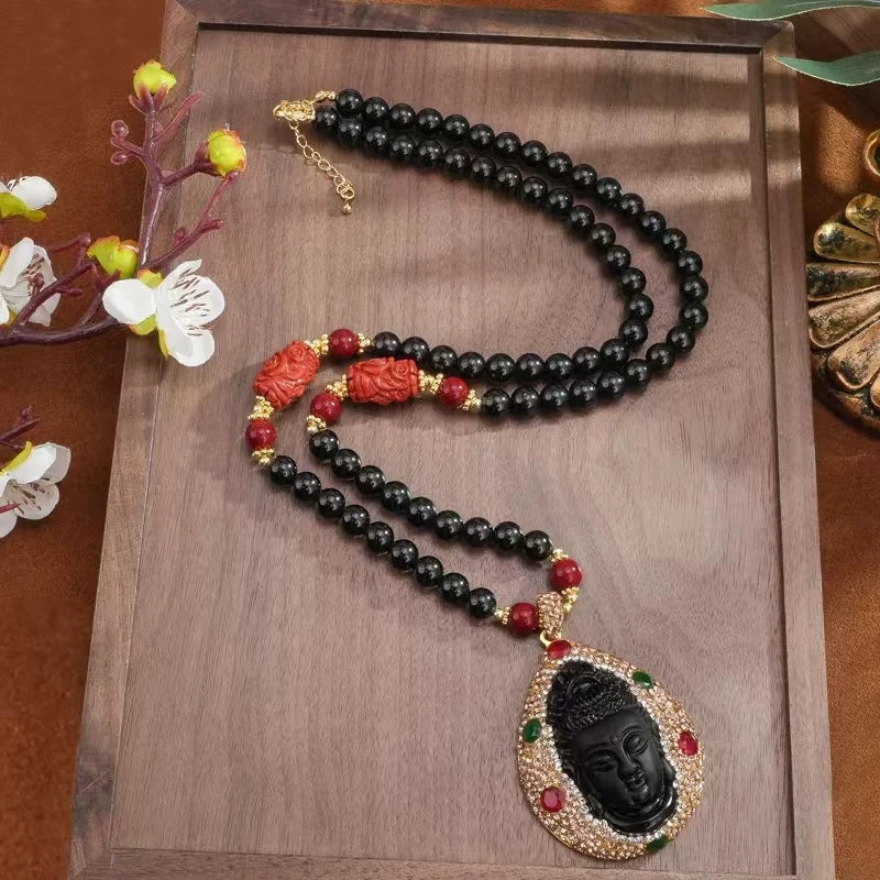 Spiritual Protection Buddha Head Charm Necklace 80cm Adjustable Extension Black Stone Beaded Chain Sparkly Rhinestone Multi-Color Gem Inlay Gold Plated Unisex Sweater Chain