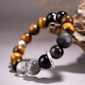 Yellow Tiger Eye Stone Silver Obsidian Planet Bracelet for Couple, Natural Crystal Volcanic Lava Rock Stretch Bracelet, Luck Wealth Protection Jewelry for Him Her