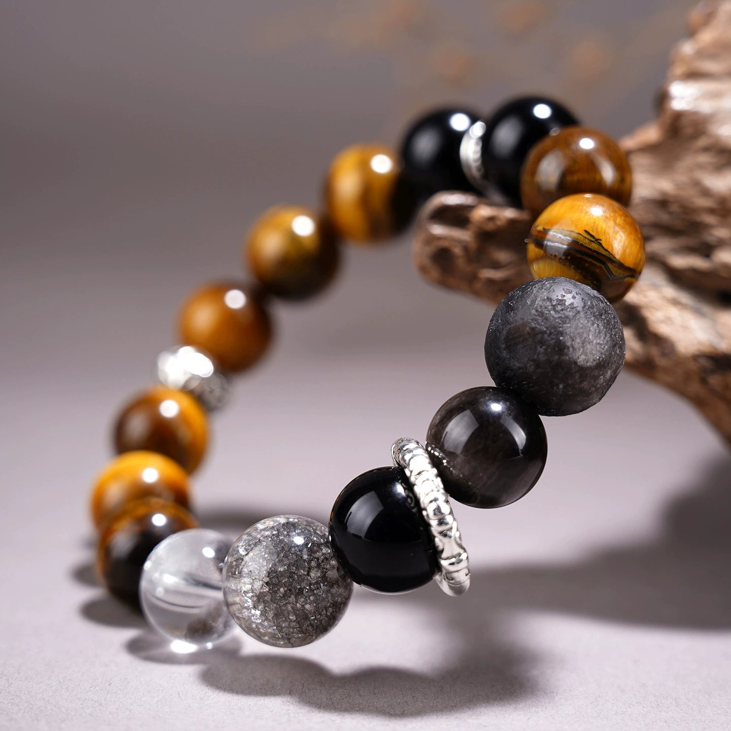 Yellow Tiger Eye Stone Silver Obsidian Planet Bracelet for Couple, Natural Crystal Volcanic Lava Rock Stretch Bracelet, Luck Wealth Protection Jewelry for Him Her