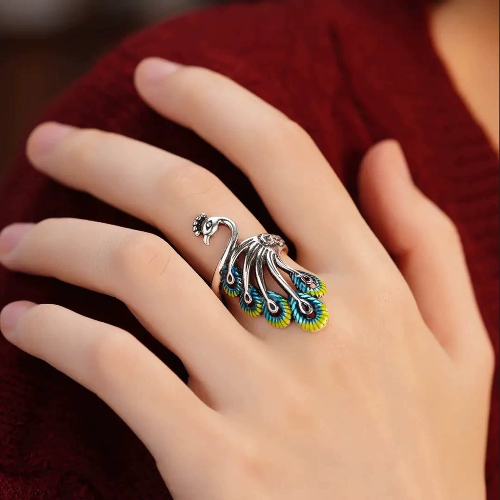 Vintage Enamel Peacock Open Adjustable Ring, Antique Silver Plated Statement Phoenix Finger Ring for Women