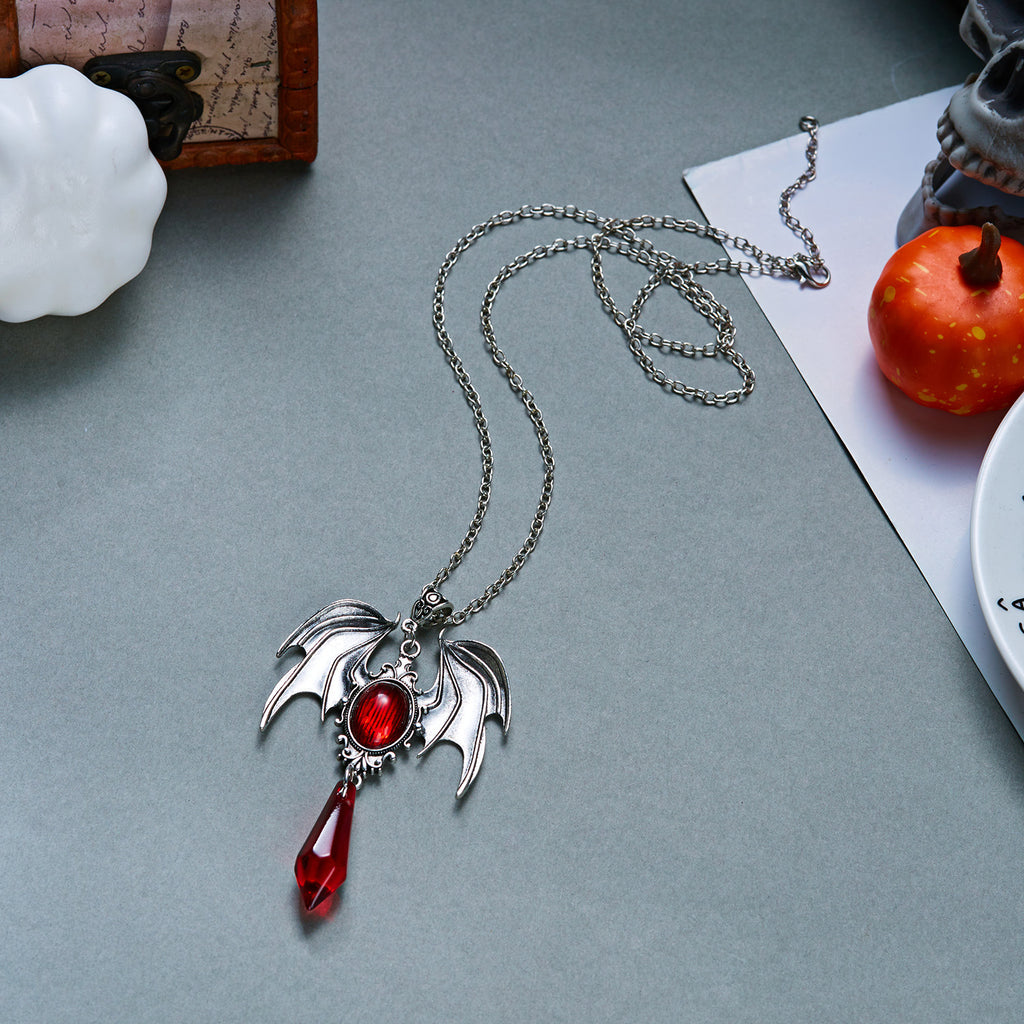 Vintage Gothic Bat Wing Jewelry Set, Halloween Crystal Pendant Necklace & Dangle Earrings Set Dark Punk Demon Wing Matching Jewelry For Women