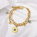 Vintage Sun Coin Turquoise Double Layer Bracelet, Hypoallergenic Titanium Steel Boho Chain Bangle